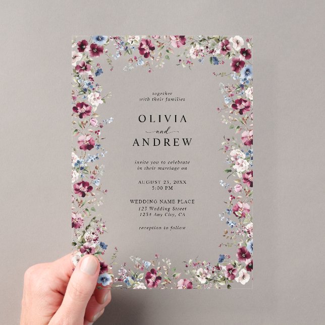 Watercolor Burgundy Navy Blue Floral Wedding Acrylic Invitations (Insitu (Handheld))
