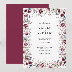 Watercolor Burgundy Navy Blue Floral Wedding Invitation