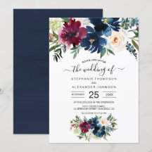 Watercolor Burgundy Navy Flowers Wedding