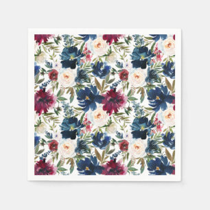 Watercolor Burgundy Navy Flowers Wedding Napkin