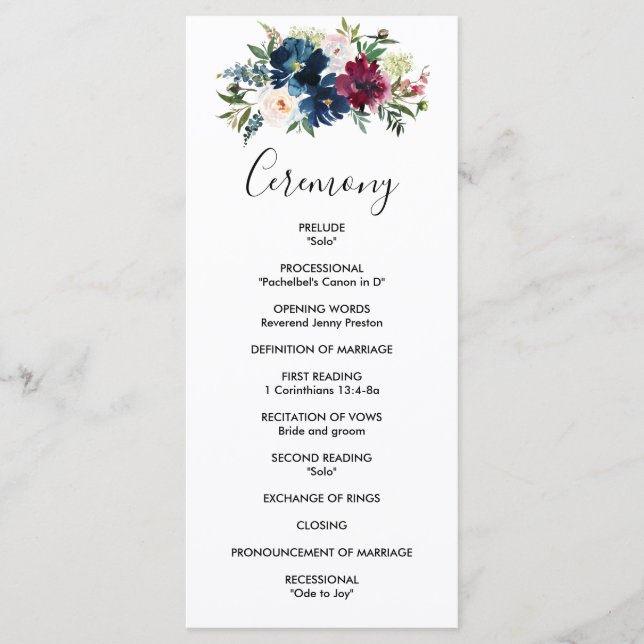 Watercolor Burgundy Navy Flowers Wedding Program (Front)