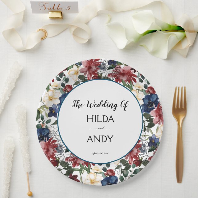 Watercolor  Burgundy Navy Roses Paper Plate (Wedding)