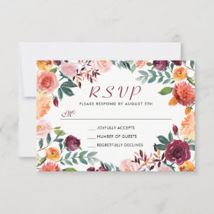 Watercolor Burgundy Orange Pink Floral Wreath RSVP Card