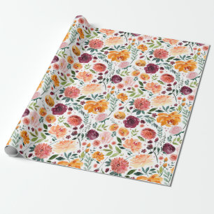Watercolor Burgundy Orange Pink Garden Flowers Wrapping Paper
