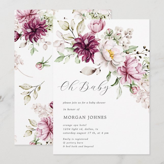watercolor burgundy peonies baby shower invite (Front/Back)