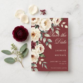 Watercolor Burgundy Peony Winter Wedding Save The Date
