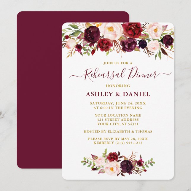 Watercolor Burgundy Pink Floral Gold Rehearsal Invitation (Front/Back)