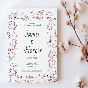 Watercolor burgundy pink floral leaf Wedding Invitation