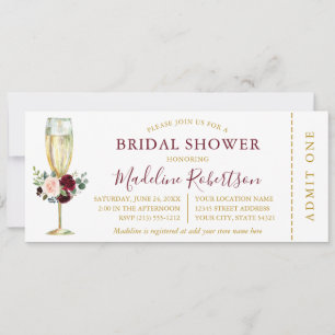 Watercolor Burgundy Pink Floral Shower Ticket Invitation