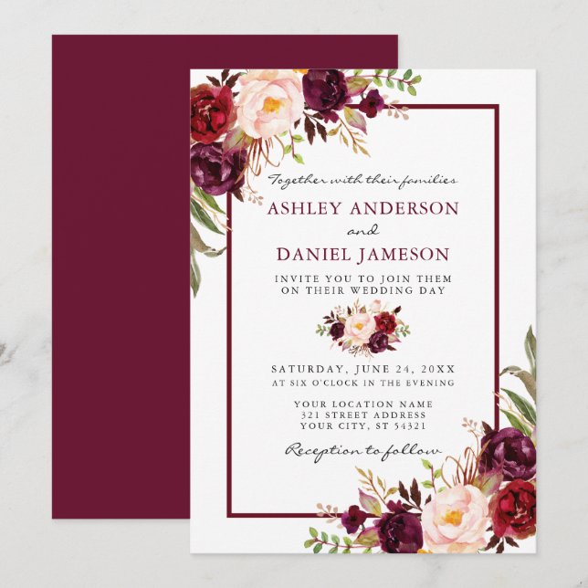 Watercolor Burgundy Pink Floral Wedding Invitation (Front/Back)