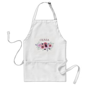 Watercolor burgundy pink flowers adult apron
