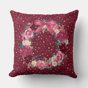 Watercolor Burgundy Poinsettia Christmas Wreath Throw Pillow
