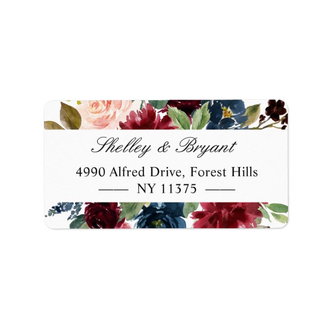 Watercolor Burgundy Red Blush Blue Floral Label (Front)