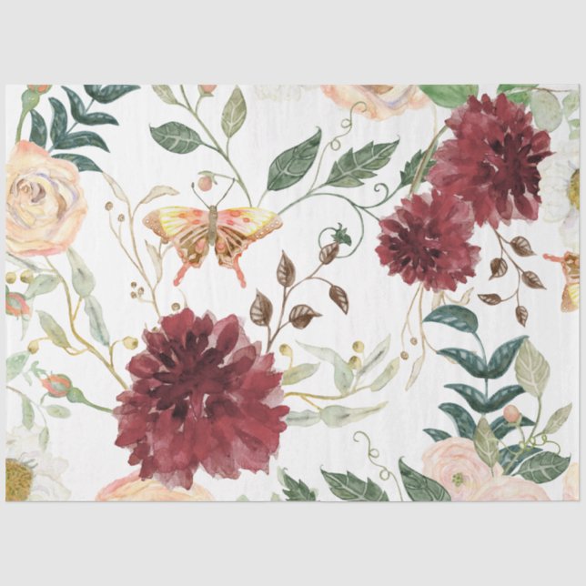 Watercolor Burgundy Red Floral butterfly Decoupage Tissue Paper (Front)