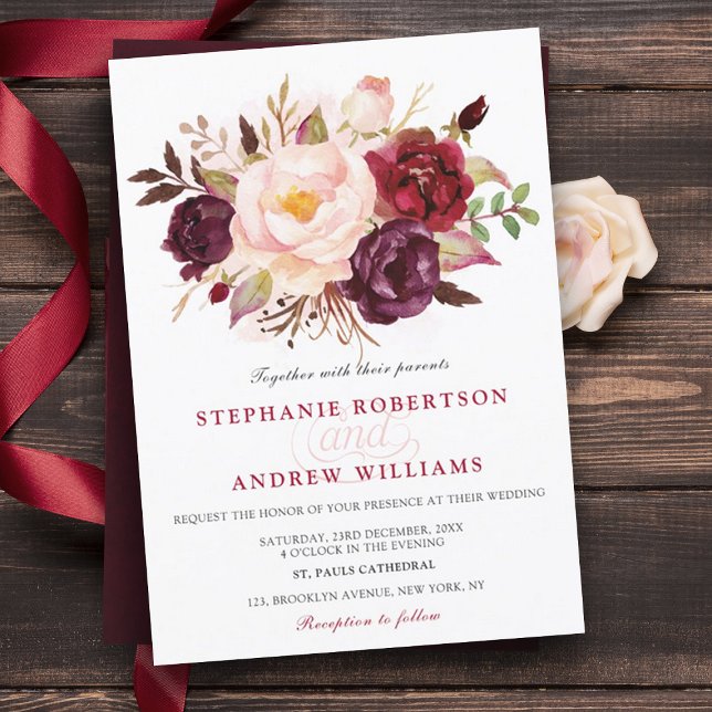 Watercolor Burgundy Red Floral Rustic Boho Invitation (Burgundy blush wedding)