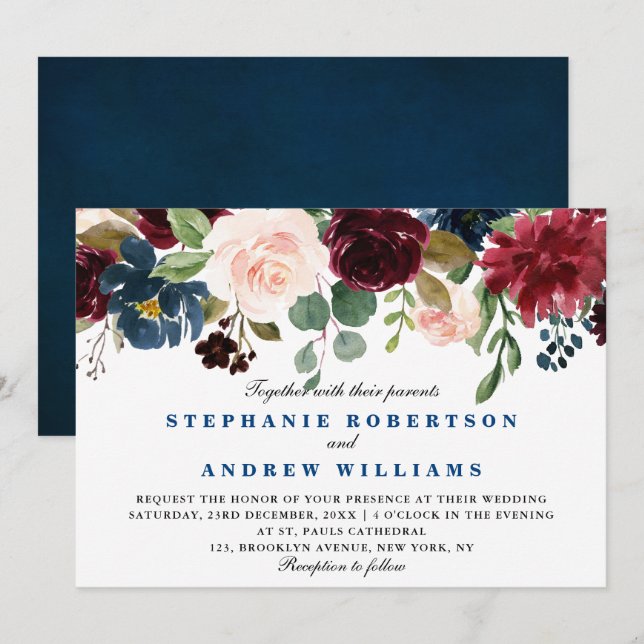Watercolor Burgundy Red Navy Blue Floral Boho Invitation (Front/Back)