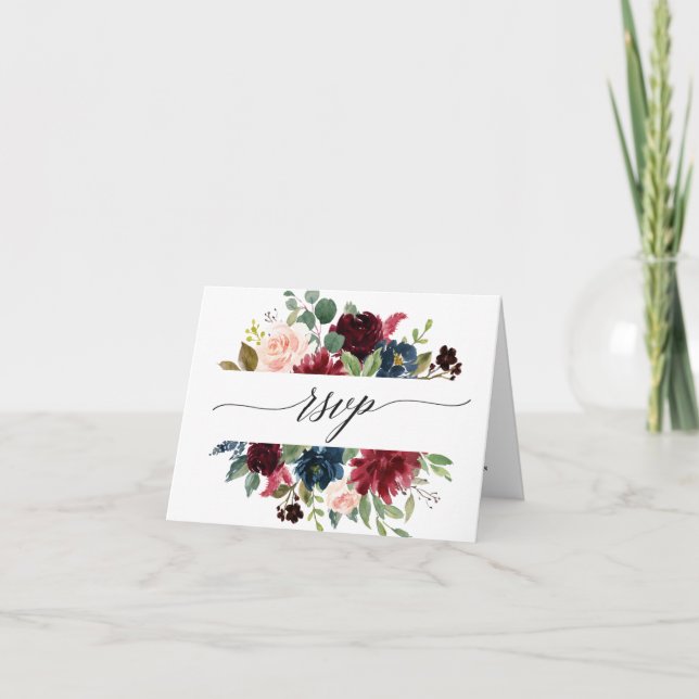 Watercolor Burgundy Red Navy Blush Floral RSVP Invitation (Front)