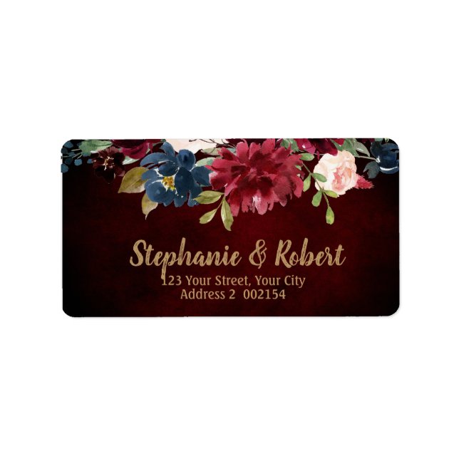 Watercolor Burgundy Red Navy Floral Address label (Front)