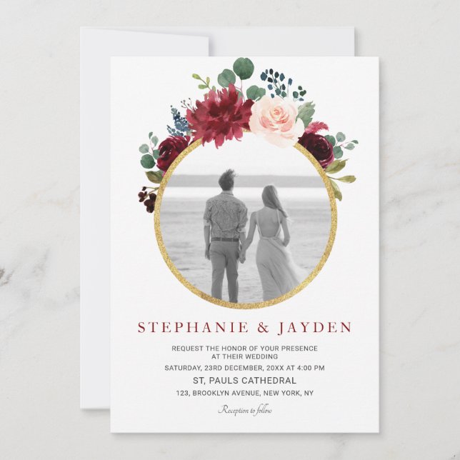 Watercolor Burgundy Red Navy Floral Rustic Boho Invitation (Front)
