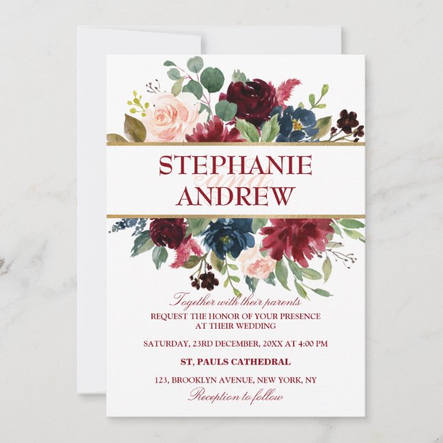 Watercolor Burgundy Red Navy Floral Rustic Boho Invitation (Front)