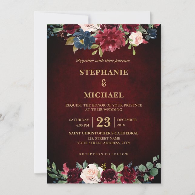 Watercolor Burgundy Red Navy Floral Rustic Boho Invitation (Front)