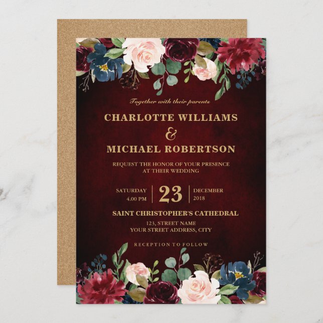 Watercolor Burgundy Red Navy Floral Rustic Boho Invitation (Front/Back)