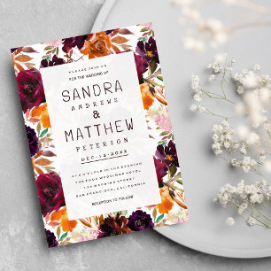 Watercolor burgundy red orange pink Autumn Wedding Invitation