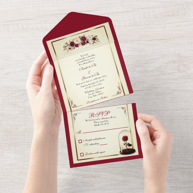 Watercolor Burgundy Red Rose Wedding Invitation (Tearaway)