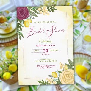 Watercolor Burgundy Rose & lemon bridal shower Invitation
