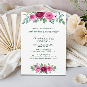 Watercolor Burgundy Roses 25th Wedding Anniversary Invitation