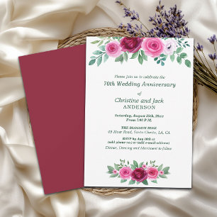 Watercolor Burgundy Roses 70th Wedding Anniversary Invitation