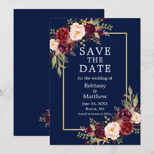 Watercolor Burgundy Roses Blue Gold Frame Save The Date