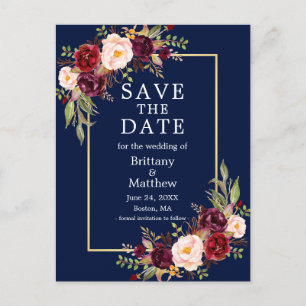 Watercolor Burgundy Roses Blue Gold Save the Date Postcard