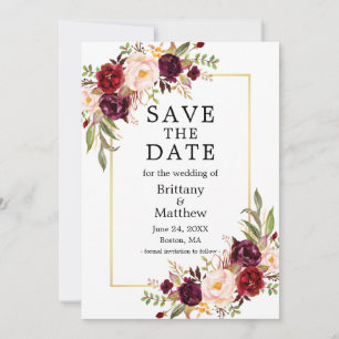 Watercolor Burgundy Roses Gold Frame Save The Date