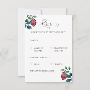 Watercolor Burgundy Roses Grey QR Code Wedding RSVP Card