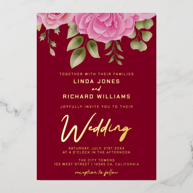 Watercolor Burgundy Roses Wedding Foil Invitation (Front)