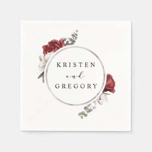 watercolor burgundy silver floral monogram wedding napkin