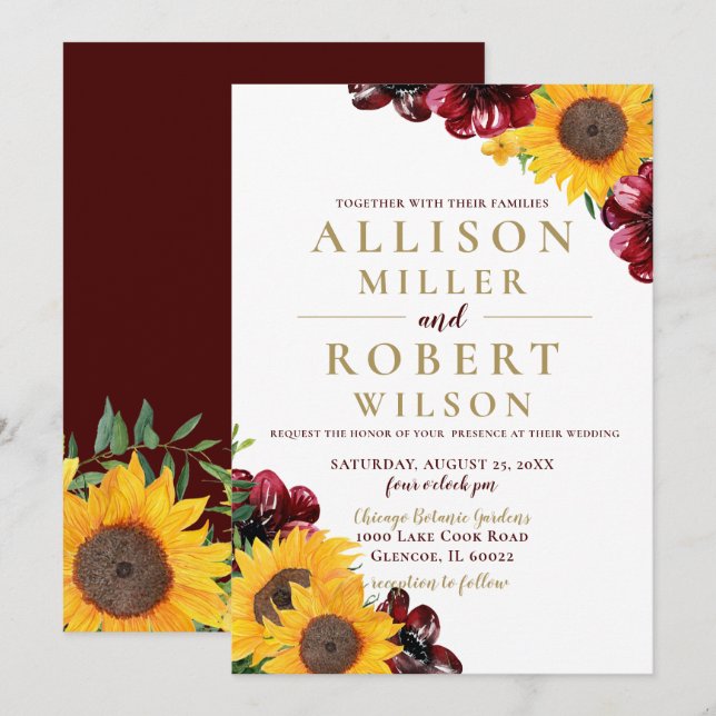 Watercolor Burgundy Sunflower Rustic Wedding Invitation (Front/Back)