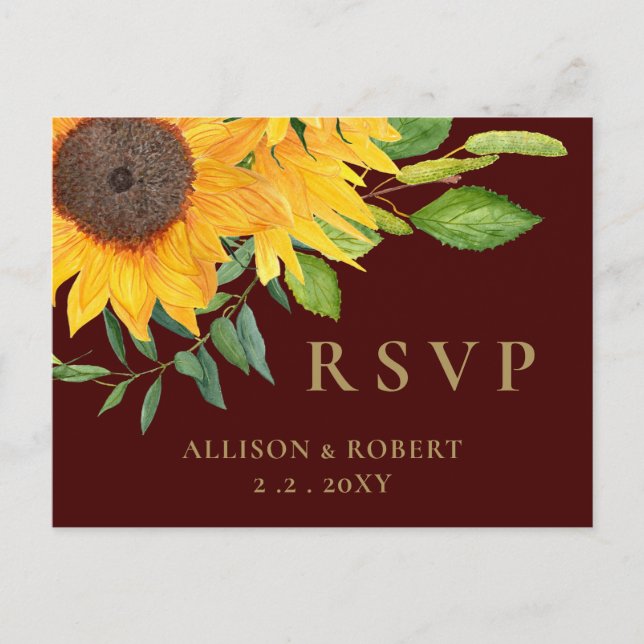 Watercolor Burgundy Sunflower Rustic Wedding Invitation Postcard (Front)