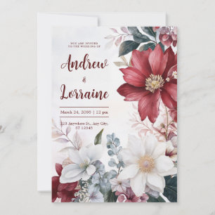 Watercolor Burgundy White Floral Fall Wedding Invitation