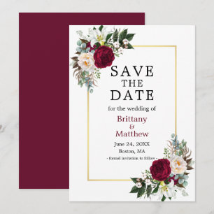 Watercolor Burgundy White Floral Gold Frame Save The Date