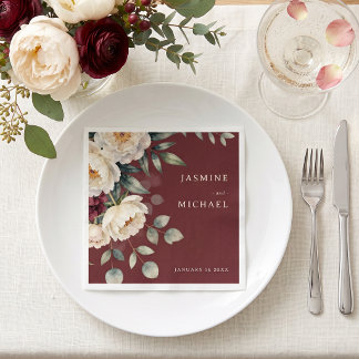 Watercolor Burgundy White Peony Winter Wedding Napkin