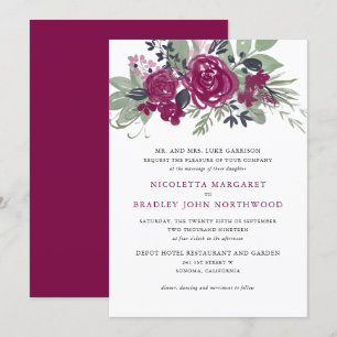 Watercolor Burgundy Wine Floral Boho Wedding Invitation