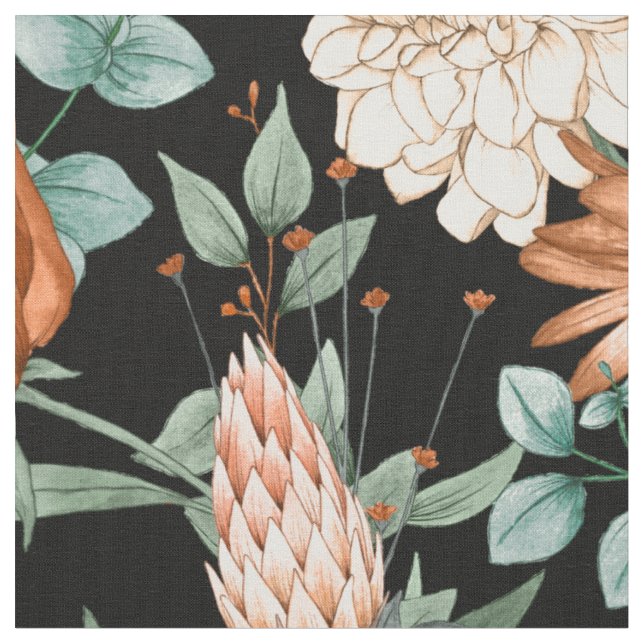 Watercolor Burnt Orange White Flower Pattern Fabric (Close Up)