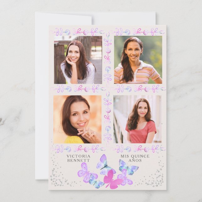Watercolor Butterflies 4 Photo Quinceanera Invitation (Front)