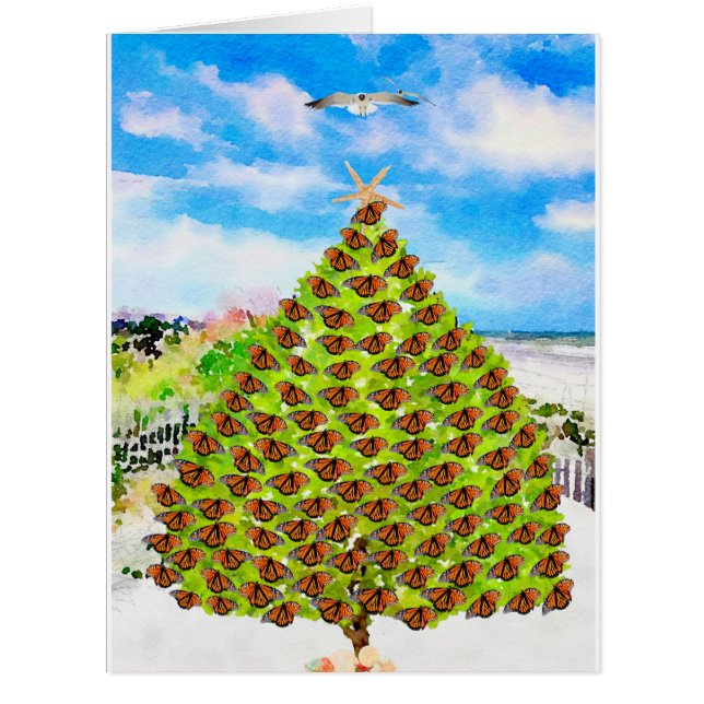Watercolor Butterflies and Christmas Tree At Beach (Front)