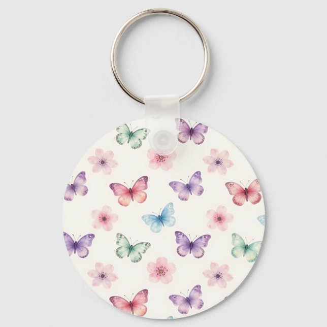 Watercolor Butterflies Cherry Blossoms Pattern Keychain (Front)