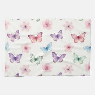 Watercolor Butterflies Cherry Blossoms Pattern Kitchen Towel