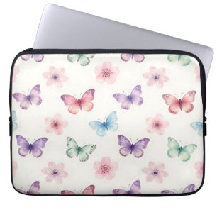 Watercolor Butterflies Cherry Blossoms Pattern Laptop Sleeve