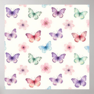 Watercolor Butterflies Cherry Blossoms Pattern Poster